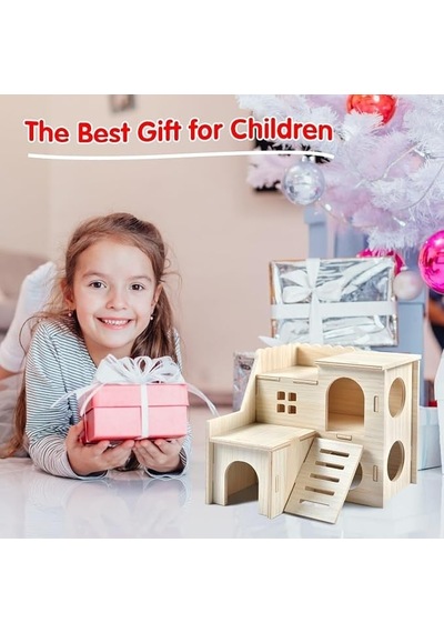 Hamster Evi Ve Koşu Tekerleği Seti - Ahşap Çok Katlı Yuva Merdivenli Oyun Parkı Ve Sessiz Koşma Çarkı