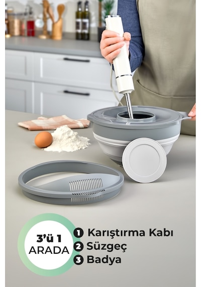 3'ü 1 Arada Katlanabilen Mikser Karıştırma Kabı, Süzgeç, Badya 4 Parça Mutfak Hazırlık Ve Çeyiz Seti Gri