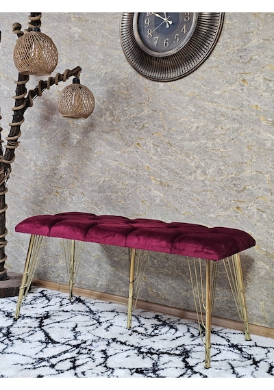 Zafir Metal Gold Tel Ayaklı 100 Cm Puf Bench - Puf - Bench - Oturak - Mutfak Oturağı - Antre Oturağı Bordo