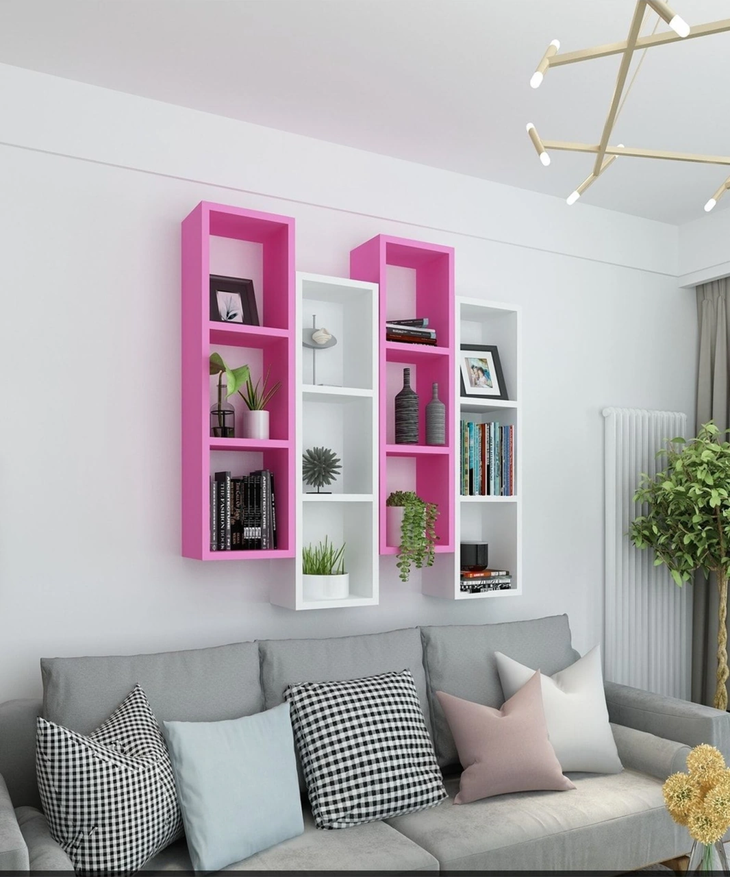 Kitaplık Modern Ev Duvar Rafı Pembe Beyaz 4 Lü Takım Pembe-beyaz