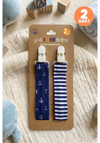Just Inner Erkek Bebek 2'li Pamuklu Emzik Askısı Klipsli Denizci Ve Çizgili Desenli Güvenli Ve Şık 584103 Mavi