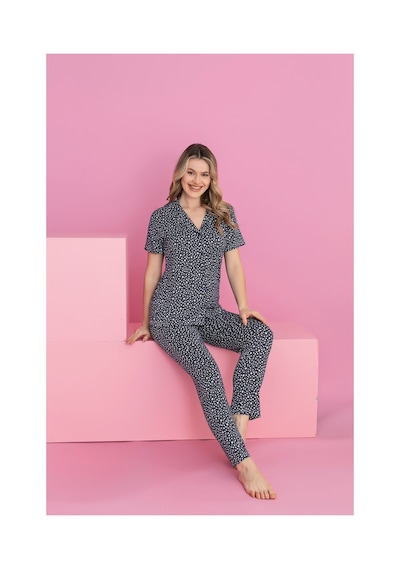 Rindahomewear Kadın Milan Küçük Yıldız Desenli Düğmeli Pijama Takımı Siyah