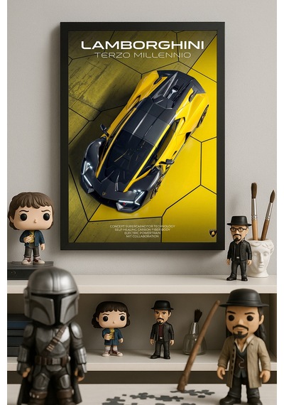 Lamborghini Terzo Millennio Siyah Ahşap Çerçeveli Poster, Dekoratif Araba Duvar Tablosu
