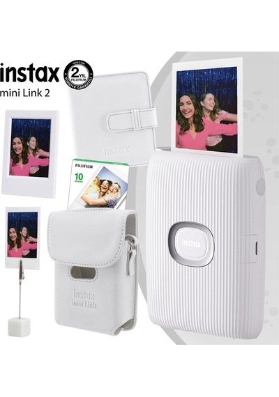 Fujifilm Instax Mini Link 2 Yazıcı + 10'lu Mini Film + Deri Kılıf Albüm Çerçeve + Kıskaçlı Stand Beyaz