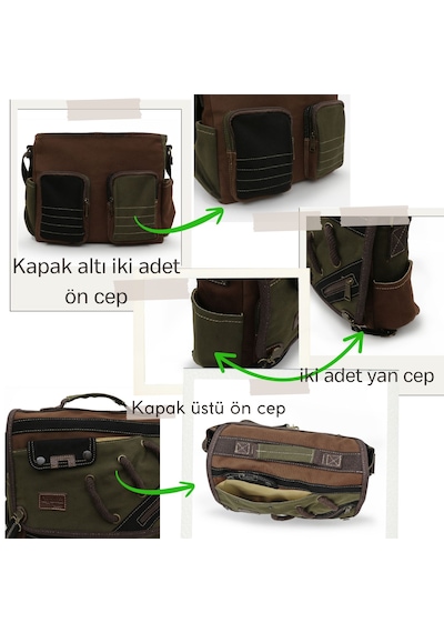 Cappadocia Vintage 4017 Haki Kahve 14" Laptop Pamuk Gabardin Postacı Okul Çantası Unisex Kilitli Çok Cepli Omuz Askılı Haki - Kahverengi