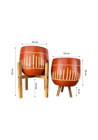 Bitki Tasarımı Ev Dekorasyon Aksesuar Dik Çizgi Desenli Toprak Saksı Saksılık Salon Çiçeklik İkili Set 3 Ayaklı- 4 Ayaklı- 19 CM