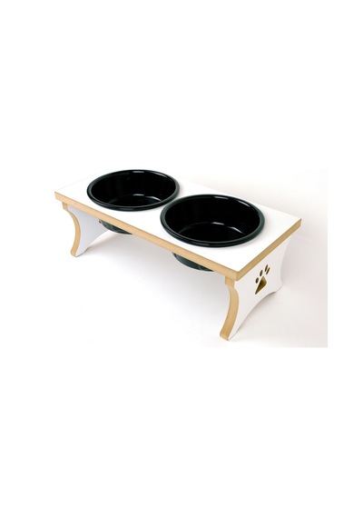 Köpek Su Ve Mama Kabı Standı - Büyük Irk - Beyaz Mdf - 2'li Model - Siyah Seramik Kase - 2 1000ml