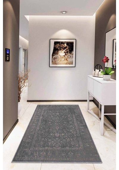 Gri Vintage Kaymaz Tabanlı Makinede Yıkanabilir Halı Rv288n11