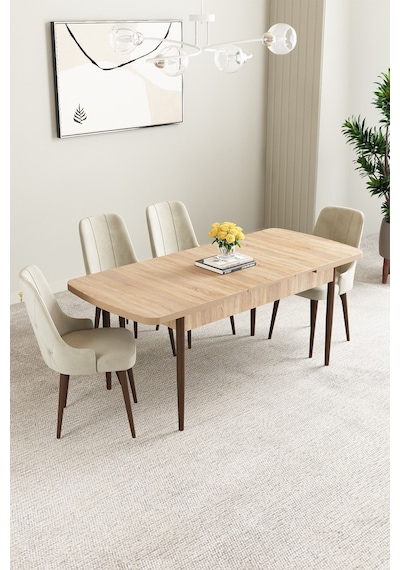 Clara Meşe Desen 80x132 Açılabilir Mdf Masa Yemek Odası Takımı,mutfak Takımı 4 Adet Sandalye Krem