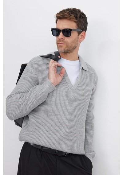 Tudors Erkek Slim Fit Dar Kesim Polo Yaka Gri Kazak-41796 Açık Gri