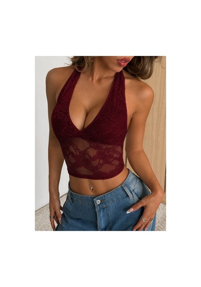 Wild Flower Dantel Detaylı Crop Atlet Halter Yaka Yazlık Şık Üst Bluz Bordo
