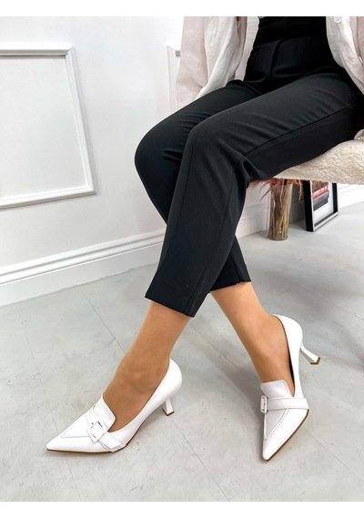 Ervanın Butiği Beyaz Cilt Kahlo Toka Detay Kadın Stiletto-3920