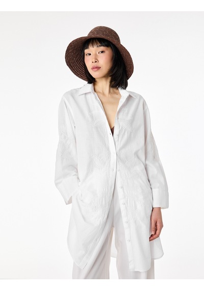 Koton Pamuklu Floral Nakış Detaylı Brodeli 3/4 Kollu Gömlek Yaka Oversize Tunik Elbise Kırık Beyaz 6sak60013ew Ekru