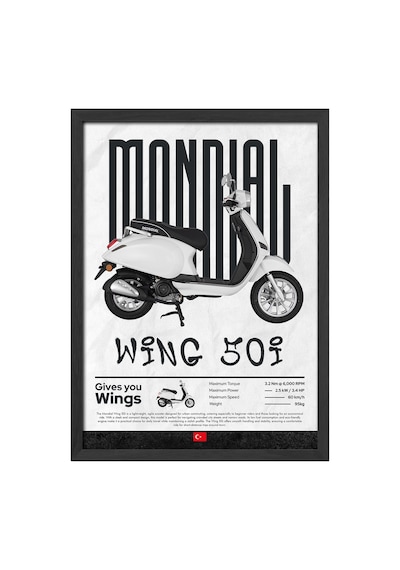 Mondial Wing 50i Siyah Ahşap Çerçeveli Poster, Dekoratif Motosiklet Duvar Tablosu
