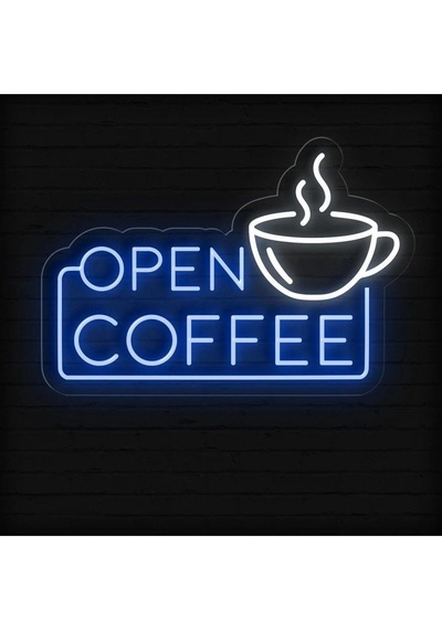 Open Coffee Yazılı Ve Şekilli Neon Tabela Mavi