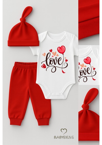 Babyden's Love Baskılı 3 Lü Bebek Takımı Kısa Kol Çıtçıtlı Body,pantolon Ve Şapka Set Kırmızı - Beyaz