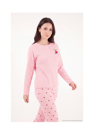 Lela Desenli Düğmeli Bisiklet Yaka Uzun Kollu Pijama Takımı Kadın Pijama Takımı 6575021 Pembe