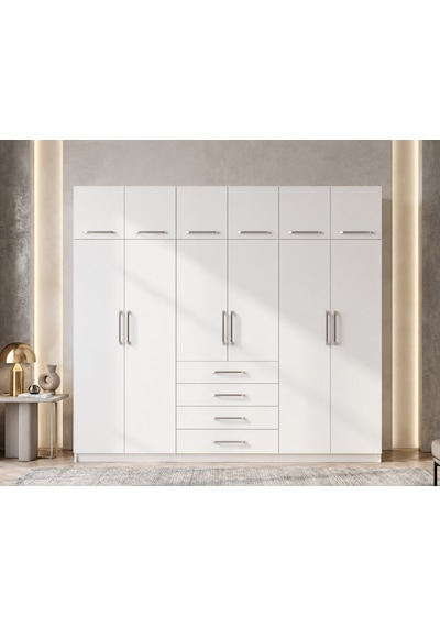 Asel Tamamı Mdf 6 Kapaklı Gardırop Dolap Beyaz 240 Cm