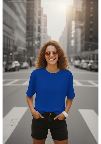Mily Kadın Oversize Basic Bisiklet Yaka Pamuklu T-shirt Rahat Kesim Unisex Sevgili Kombini Sax Mavısı