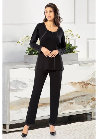 Faal 8615 Kadın Uzun Kollu Dantel Detaylı Pijama Takımı-siyah Siyah