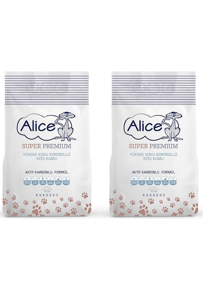 Alice Aktif Karbonlu Super Premium Topaklaşan Bentonit Kedi Kumu 2 x 10 L Alice Aktif Karbonlu Super Premium Topaklaşan Bentonit Kedi Kumu 2 x 10 L