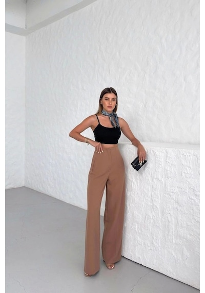 Defymoda Yüksek Bel Pensli Palazzo Pantolon Vizon