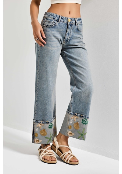 it's basic Kadın Kot Rengi 4s6-65 Straight Fit Corn Turn Up Elastan Kumaş Paça Nakışlı Tasarım Denim Jean Mavi