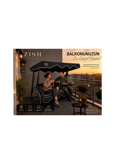 Zishtekstil Keten Kumaş Süngerli Gölgelikli 3 Kişilik Salıncak Minderi 8 Cm Antrasit