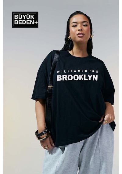 Superlife Kadın Büyük Beden Willams.brooklyn Baskılı Bisiklet Yaka Tshırt Spr25btsk15 Siyah