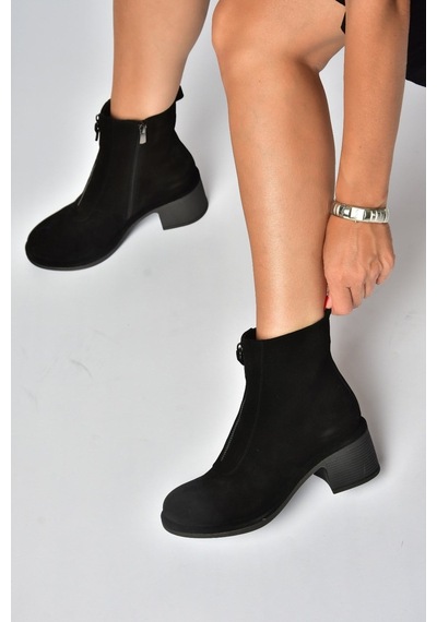 Fox Shoes Z555671002 Siyah Hakiki Deri Süet Kalın Topuklu Kadın Bot