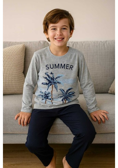 Çocuk Pijama Takımı %100 Pamuk Gri