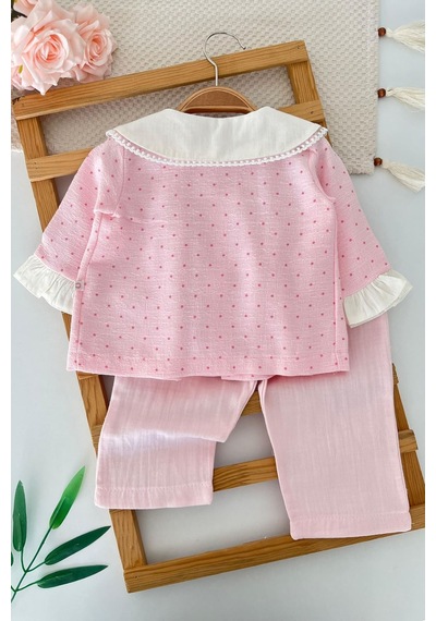 Minigimin Cicileri Yaka Tavşan Nakış Detaylı Puantiyeli Kız Bebek 2 Li Takım - Pembe