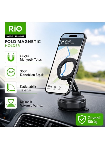 Flayse Rio Tech Fold Manyetik Araç Telefon Tutucu 360 Derece Dönen Mekanik Vakumlu
