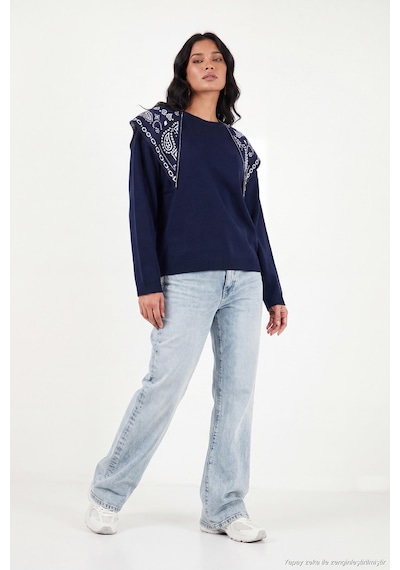 Lela Bisiklet Yaka Etnik Desen Şal Detaylı Triko Kazak Kadın Kazak 680kz00130 Lacivert Lela Bisiklet Yaka Etnik Desen Şal Detaylı Triko Kazak Kadın Kazak 680kz00130 Lacivert