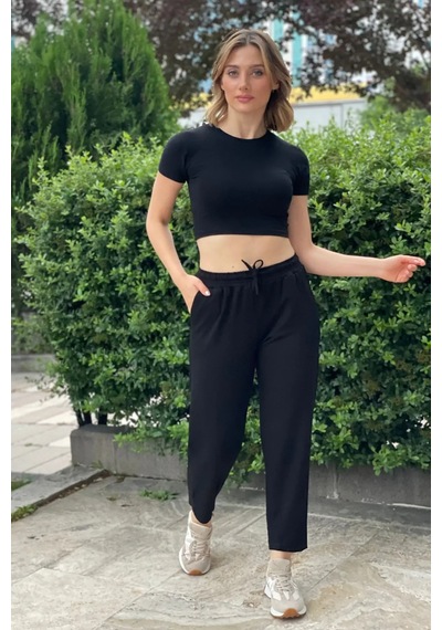 Rovebella Kristal Siyah Rahat Kesim Penye Pantolon