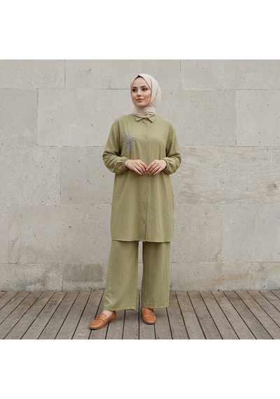 Ellovia Uzun Tunik Alt Üst Takım Tesettüre Uygun Yeşil