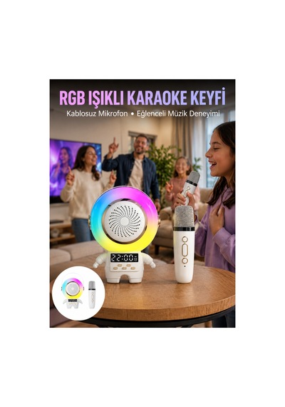 Karaoke Özellikli Astronot Bluetooth Hoparlör Kablosuz Mikrofonlu Çok Renkli