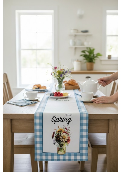 Masa Örtüsü Runner Bahar Temalı Hello Spring 140x40 Raşel Örme Kadife Dijital Baskı Çok Renkli