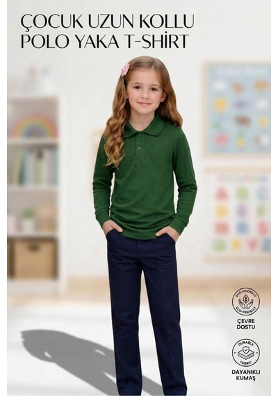 Erdem Kıds Unisex Kız Erkek Çocuk Polo Yaka Pamuklu Uzun Kol Nefti Yeşil Günlük Basic Okul Tişört Nefti Yeşil Nefti Yeşil