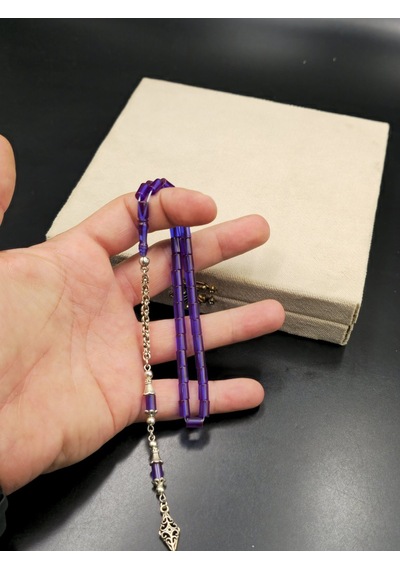 Özel Tasarım Alpaka Püsküllü Ateş Kehribar Bilek Boy Tespih 4,5x7 Mm Mor Gümüş