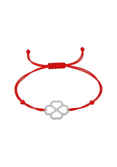 G&a Jewels - Kalpli Yonca - 925 Ayar Gümüş 0.01ct Pırlanta Taşlı Kırmızı İpli Bileklik Gümüş - Kırmızı