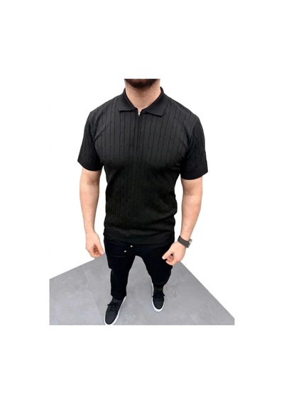 Efnaz Style Erkek Yazlık Triko Saç Örgü Tişört Kısa Kol Polo Yaka Fermuarlı T-shirt - Siyah Bej