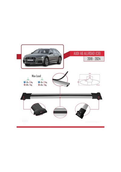 Audi A6 C8 Allroad 2019 Ve Sonrası İle Uyumlu Fly Model Ara Atkı Tavan Barı Gri