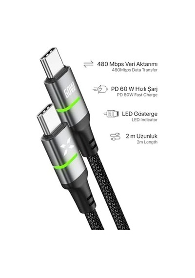 Xenon Smart Type C Hızlı Şarj Kablosu Type-c To Type-c 60w 480 Mpbs 2m Pd Örgü Led Göstergeli X6422