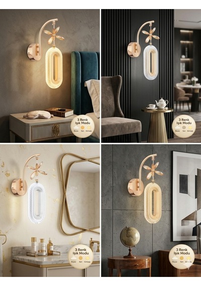 Elips Model Sarkıt 3 Renk Gold Kaplama Oturma Yatak Çocuk Odası Duvar Led Aplik Kumandalı Altın