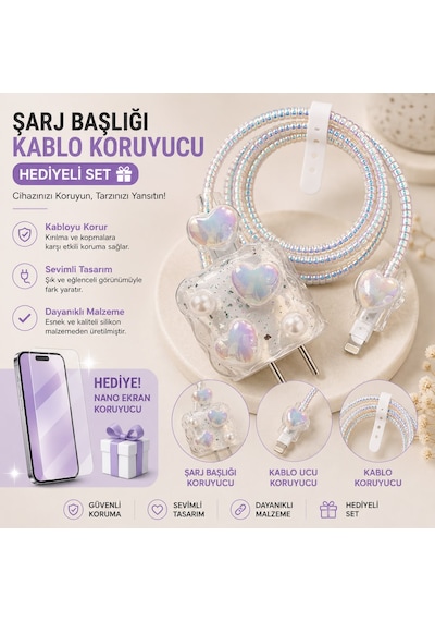 İphone 15 Plus Uyumlu Nano Ekran Koruyucu Hediyeli Şarj Başlığı & Kablo Koruyucu Koruma Seti Turkuaz