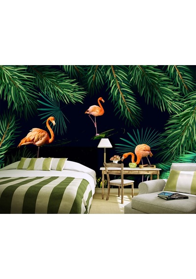 Yeşil Yapraklar Ve Flamingo Desenli Duvar Kağıdı