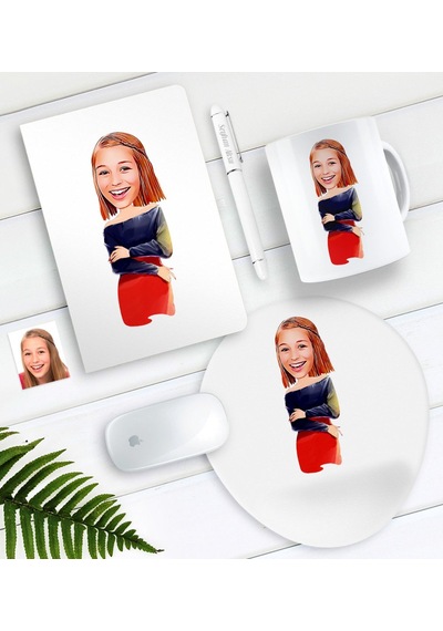 Kişiye Özel Bayan Karikatürlü Defter Kalem Kupa Mouse Pad Seti-12