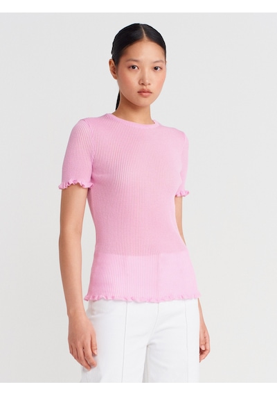 Dilvin 10783 Bisiklet Yaka Fırfırlı İnce Triko Bluz-pembe Pembe