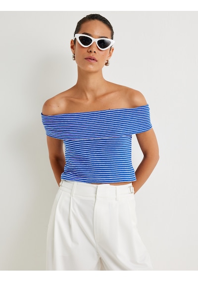 Koton Omzu Açık Üst Kat Detaylı Pamuklu Slim Fit Mavi Çizgili 4sak10031pk Mavi Çizgili
